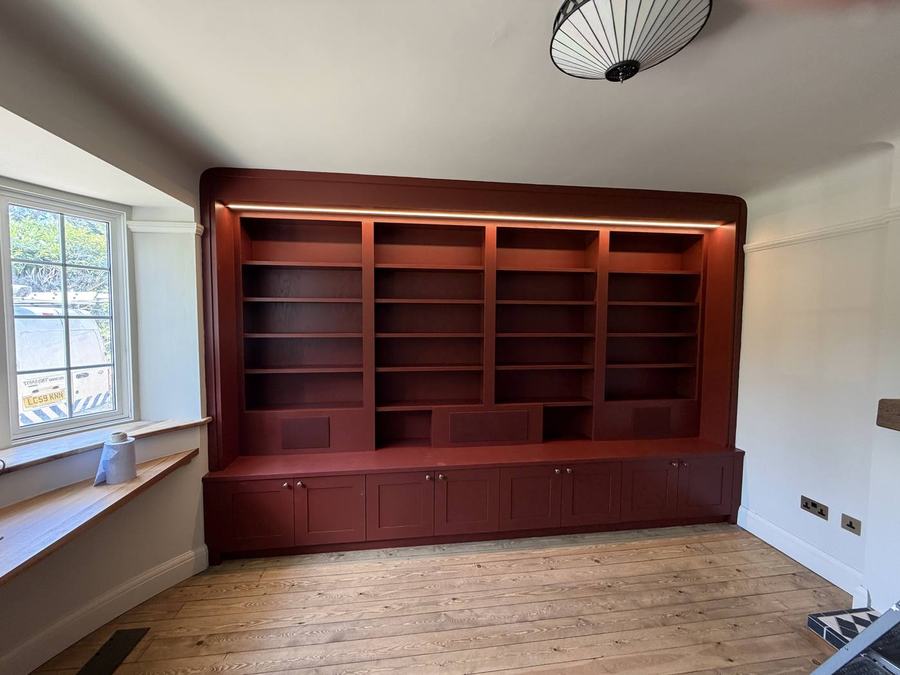 Finished room with built-in shelving