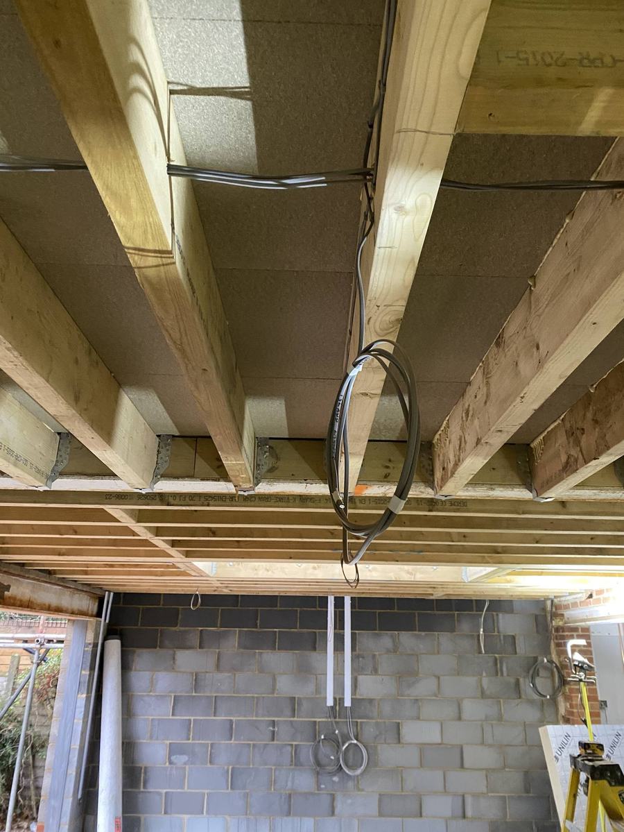 First fix cable runs through roof timbers